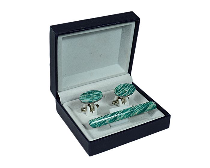 Cufflinks and tie clip made of amazonite, 19*13mm, 61*6mm.