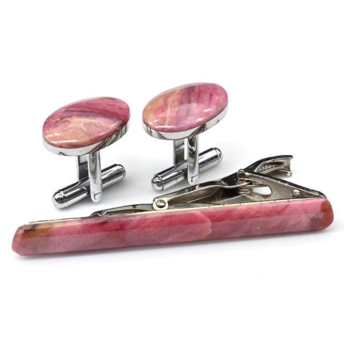 Cufflinks and tie clip made of rhodonite, 19*13mm, 65*8mm