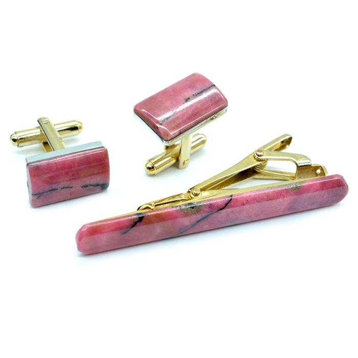 Cufflinks and tie clip made of rhodonite, 18*11mm, 62*7mm.