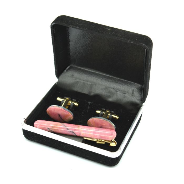 Cufflinks and tie clip made of rhodonite, 20*12mm, 61*8mm