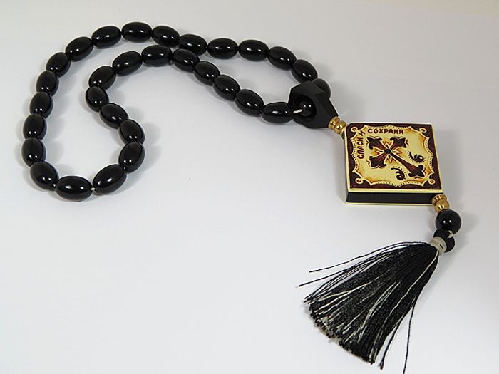 Rosary of ebony and bone "Rhombus with Jesus" beads 9mm, 50cm