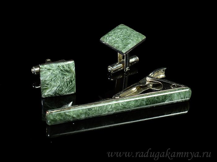 Cufflinks and clip made of serafinite, 15*15mm, 62*6mm