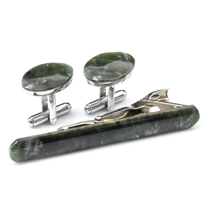 Cufflinks and clip made of serafinite, 19*13mm, 63*7mm