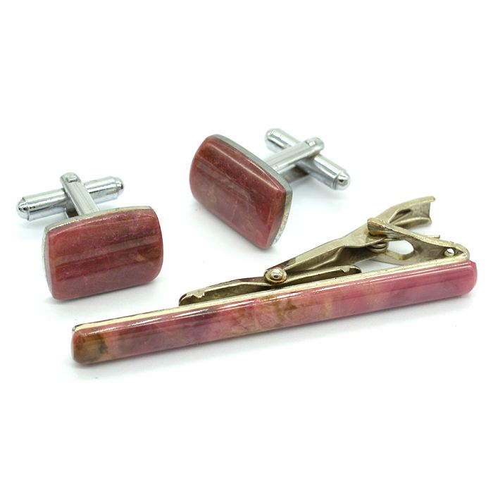 Cufflinks and tie clip made of rhodonite, 17*13mm, 62*6mm