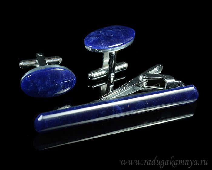 Cufflinks and tie clip made of sodalite, 20*13mm, 60*8mm