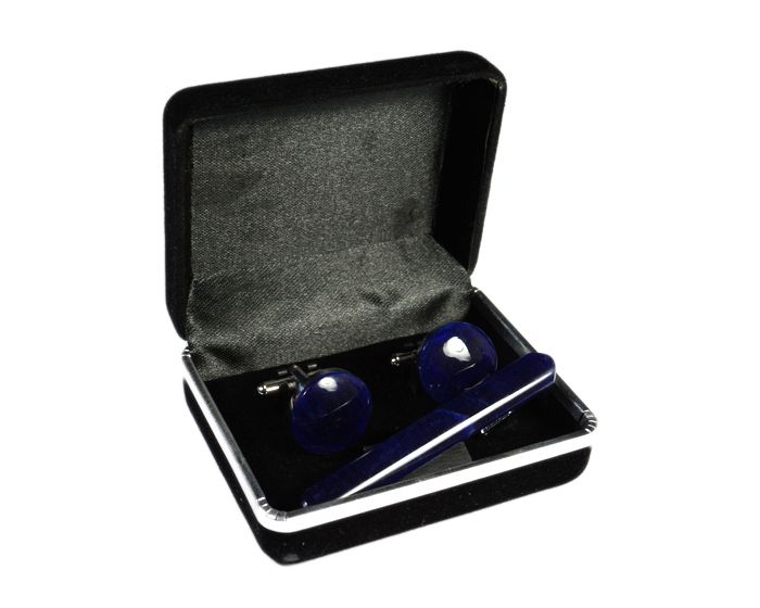 Cufflinks and tie clip made of sodalite, 18*18mm, 62*8mm