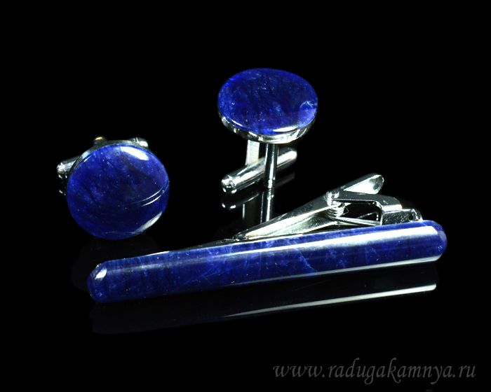 Cufflinks and tie clip made of sodalite, 18*18mm, 62*8mm