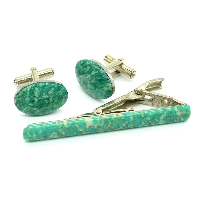 Cufflinks and tie clip made of amazonite, 20*15mm, 62*7mm