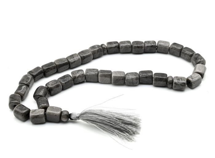 Rosary beads made of obsidian of iridescent color.grey cylinder 11*12mm, 44cm