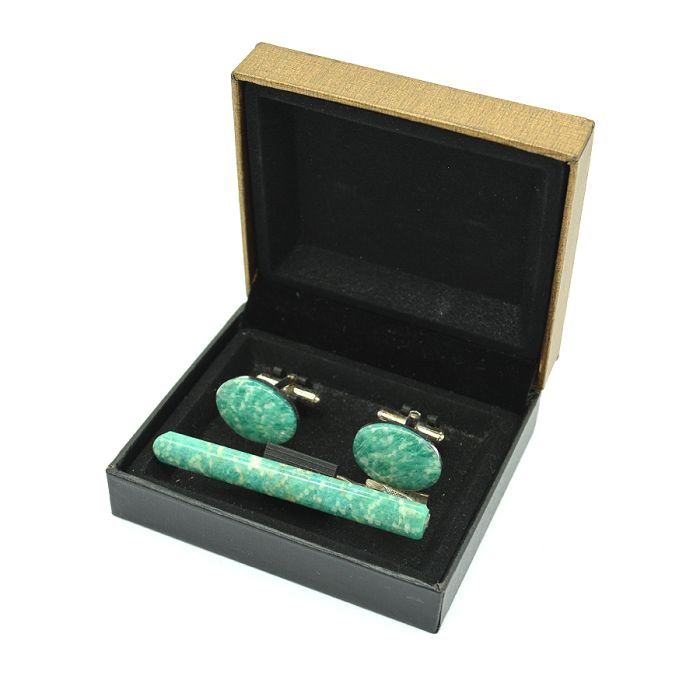 Cufflinks and tie clip made of amazonite, 20*15mm, 62*7mm