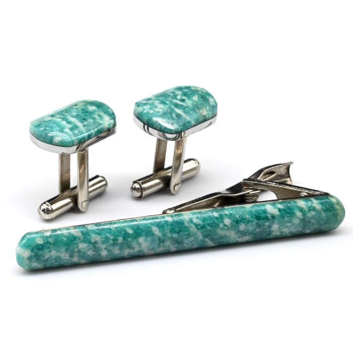 Cufflinks and tie clip made of amazonite, 17*12mm, 65*8mm.