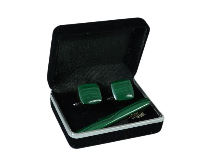 Cufflinks and tie clip made of malachite, 16*16mm, 64*7mm