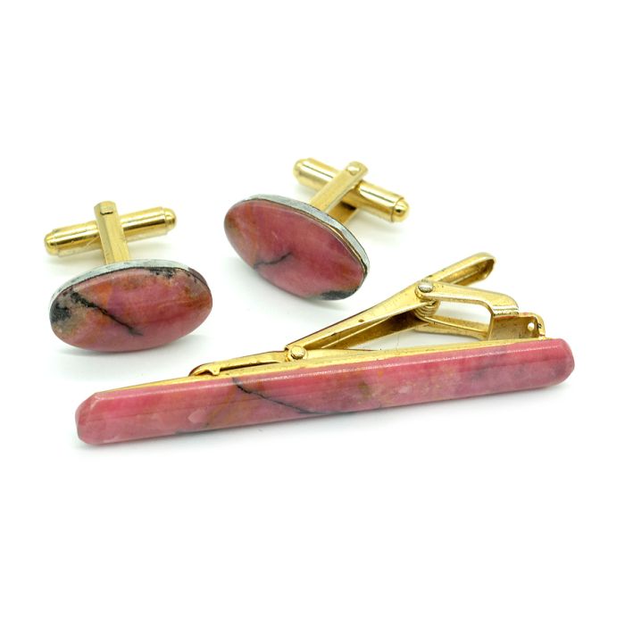 Cufflinks and tie clip made of rhodonite, 20*12mm, 61*8mm