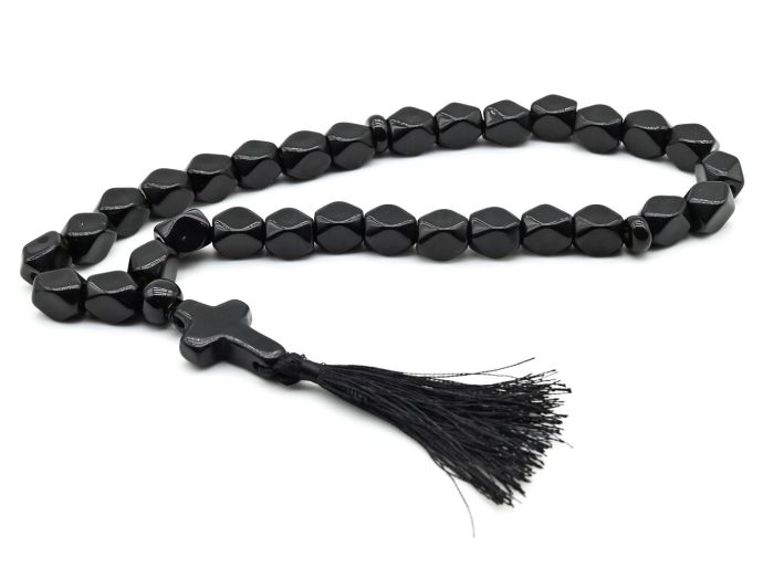 Black obsidian rosary rectangle with 10*12mm facets with a cross, 40cm.