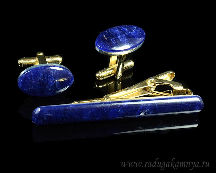 Cufflinks and tie clip made of sodalite, 20*13mm, 60*8mm