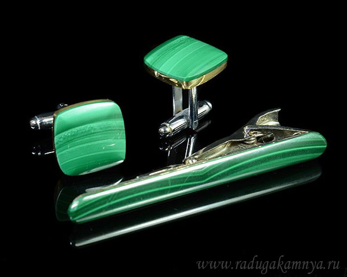 Cufflinks and tie clip made of malachite, 16*16mm, 64*7mm