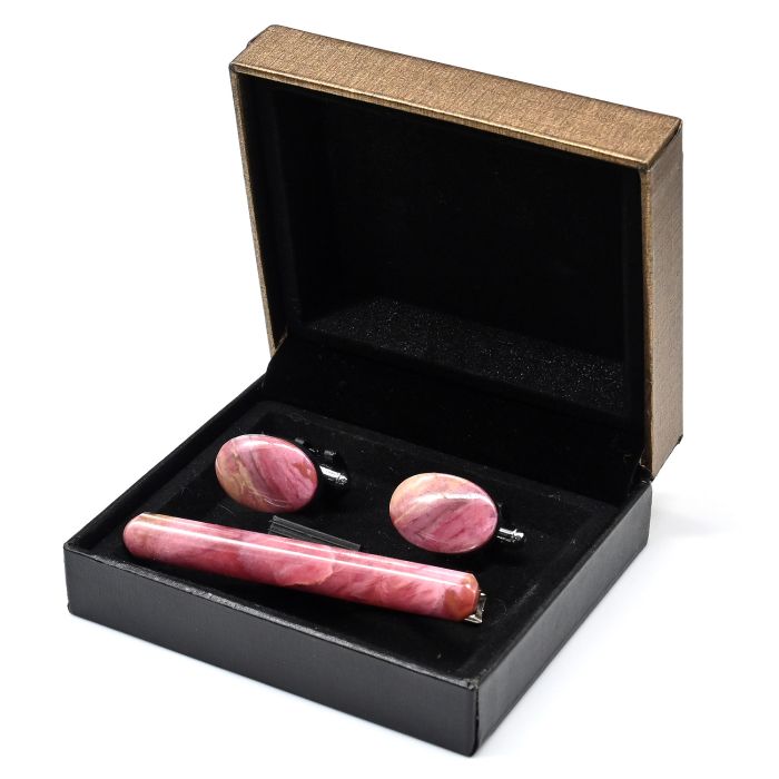 Cufflinks and tie clip made of rhodonite, 19*13mm, 65*8mm