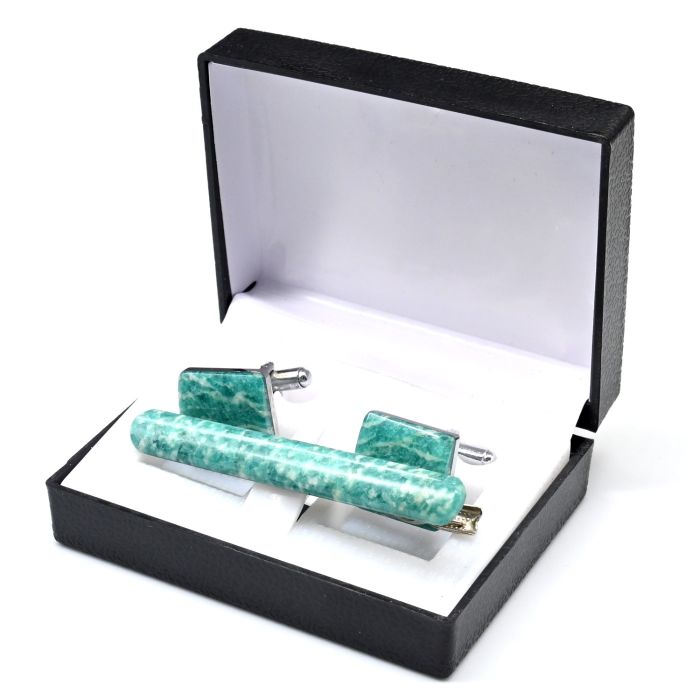 Cufflinks and tie clip made of amazonite, 17*17mm, 66*8mm