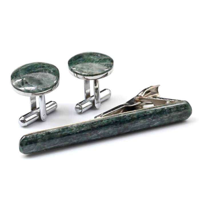 Cufflinks and tie clip made of green apatite, 17*17mm, 65*8mm