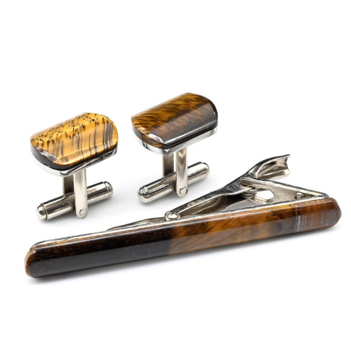 Cufflinks and tie clip made of tiger's eye, 17*12mm, 65*8mm