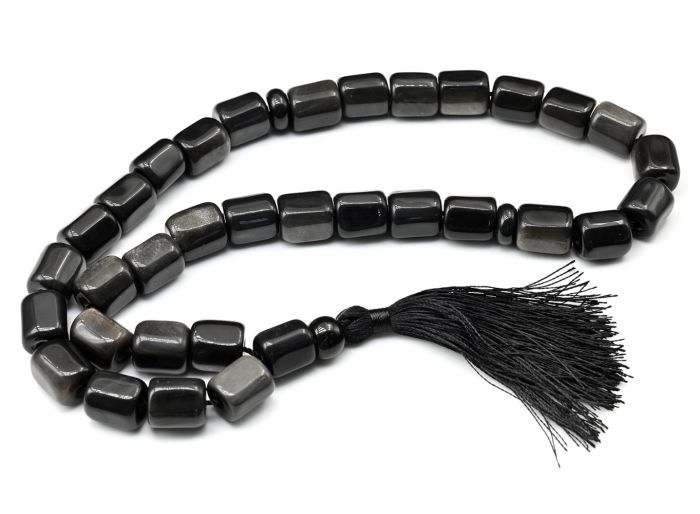 Rosary beads made of obsidian of iridescent color.black and silver, cylinder 11*13mm, 42cm