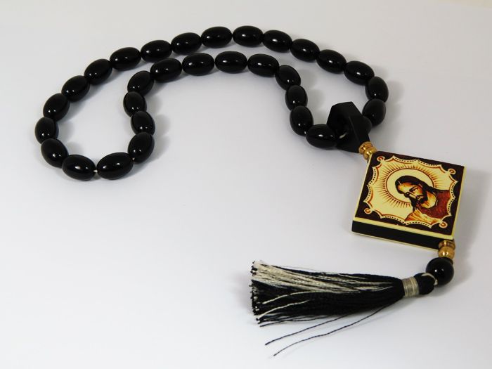 Rosary of ebony and bone "Rhombus with Jesus" beads 9mm, 50cm