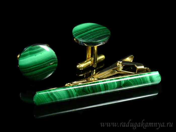 Cufflinks and tie clip made of malachite, 17*17mm, 61*8mm