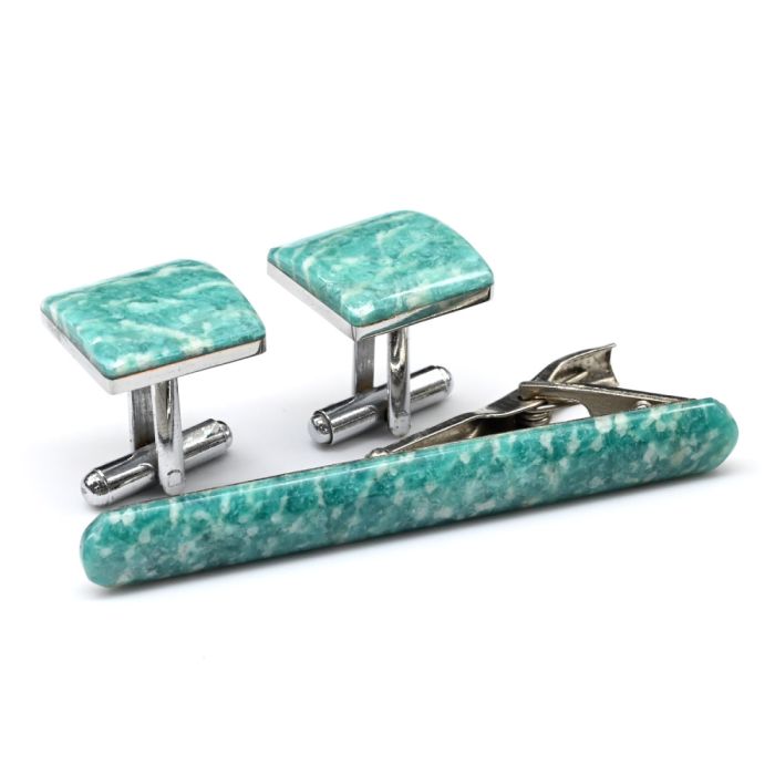 Cufflinks and tie clip made of amazonite, 17*17mm, 66*8mm