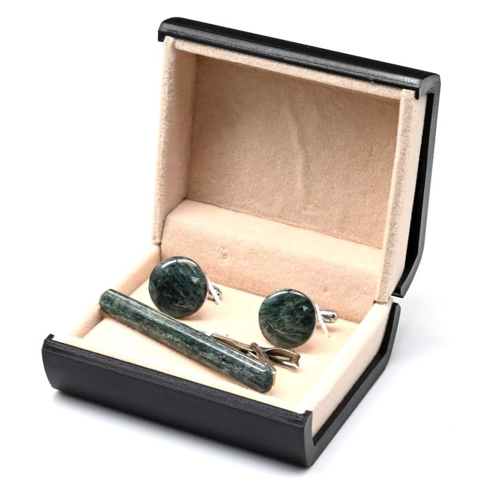 Cufflinks and tie clip made of green apatite, 17*17mm, 65*8mm