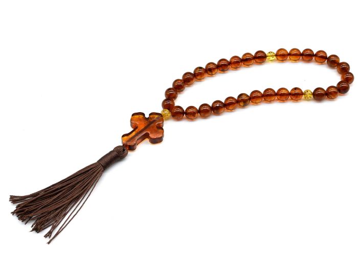 Amber rosary with a cross ball 8mm color. cognac, 26cm, 30 beads